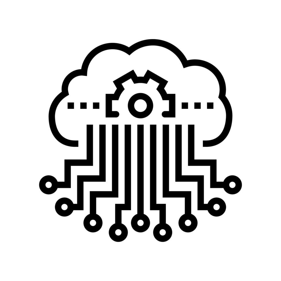 illustrazione vettoriale dell'icona della linea di rete neurale del processo di lavoro e di archiviazione cloud