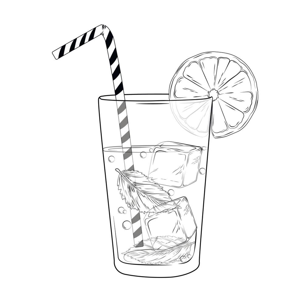 illustrazione di riserva di vettore di mojito. cocktail alcolico fresco. soda, lime, cubetti di ghiaccio, foglie di menta in un bicchiere di vetro. Isolato su uno sfondo bianco.