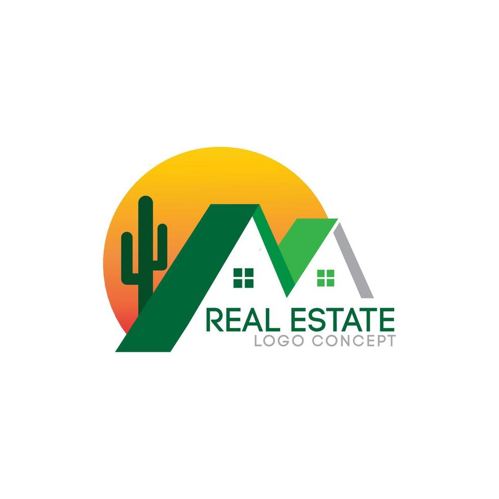 logo immobiliare verde con tramonto e cactus vettore