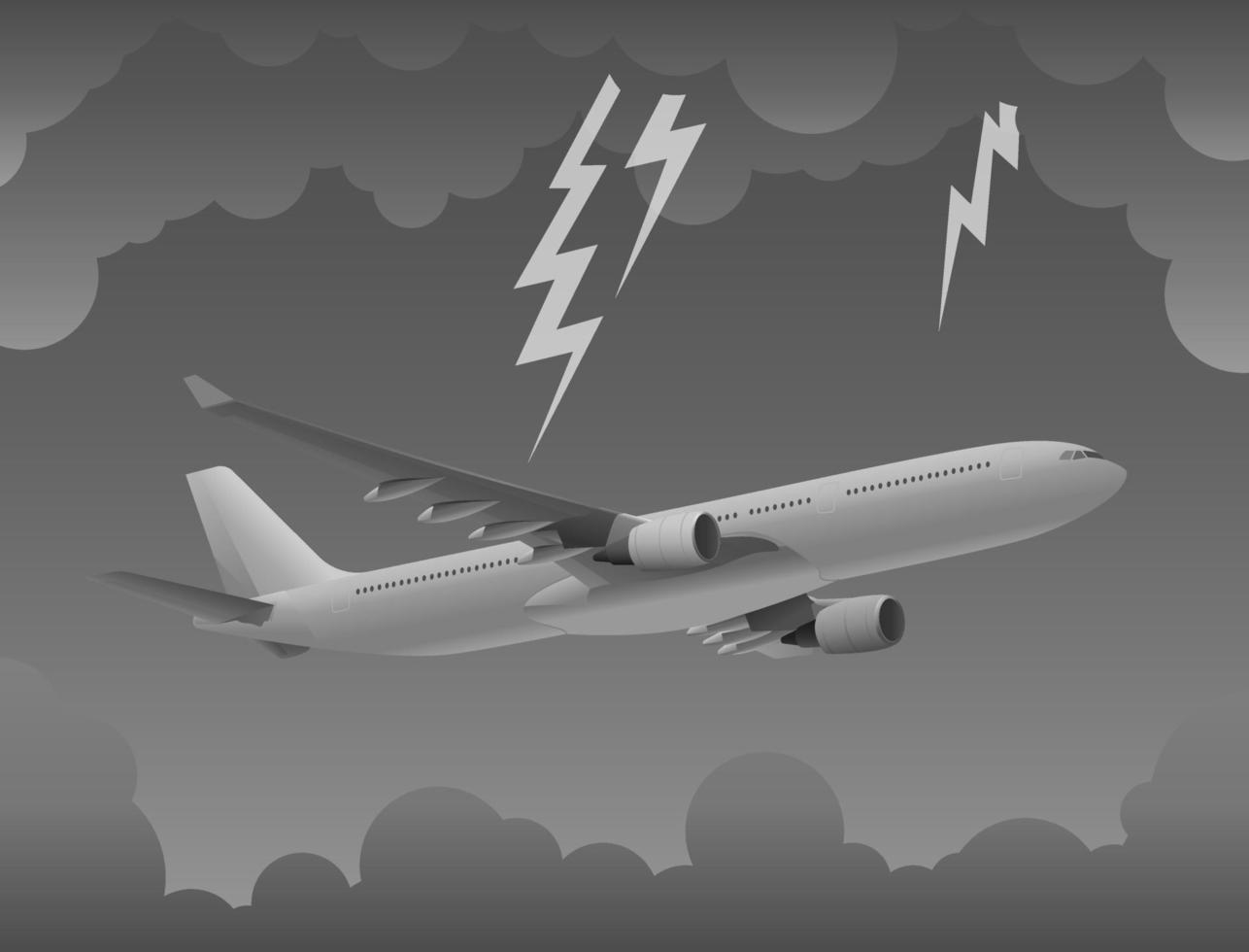 un aereo che è tra le nuvole e i fulmini vettore