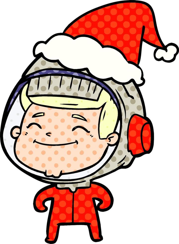 felice illustrazione in stile fumetto di un astronauta che indossa il cappello di Babbo Natale vettore