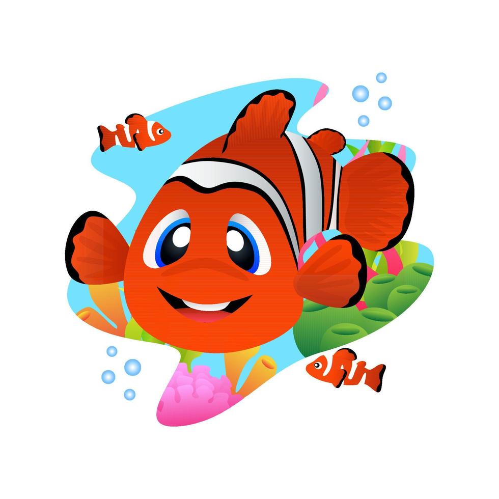 pesce pagliaccio con facce buffe e allegre, pesce dai colori arancioni brillanti con strisce bianche, con sfondo subacqueo, corallo e pesce, buono per l'illustrazione di libri di fiabe per bambini, educazione vettore
