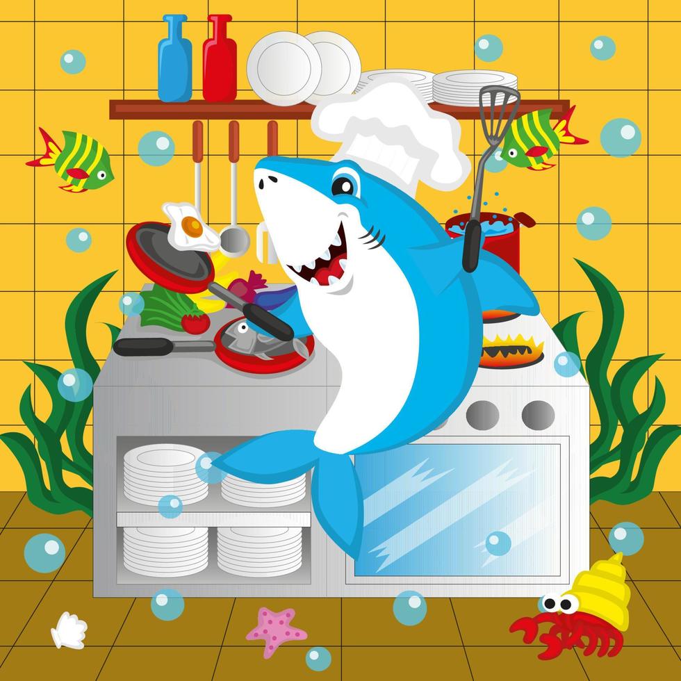 illustrazione dello squalo chef che cucina in cucina, adatto per libri di fiabe per bambini, poster, siti Web, applicazioni mobili, giochi, magliette e altro ancora vettore