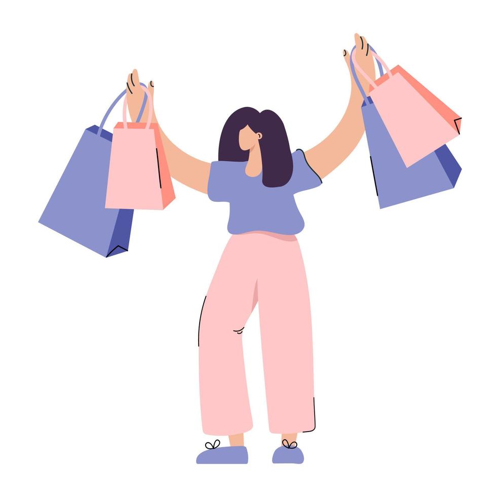 ragazza felice di vettore con le borse della spesa. donna nel negozio di moda. persone di stile di vita glamour. illustrazione piatta isolata