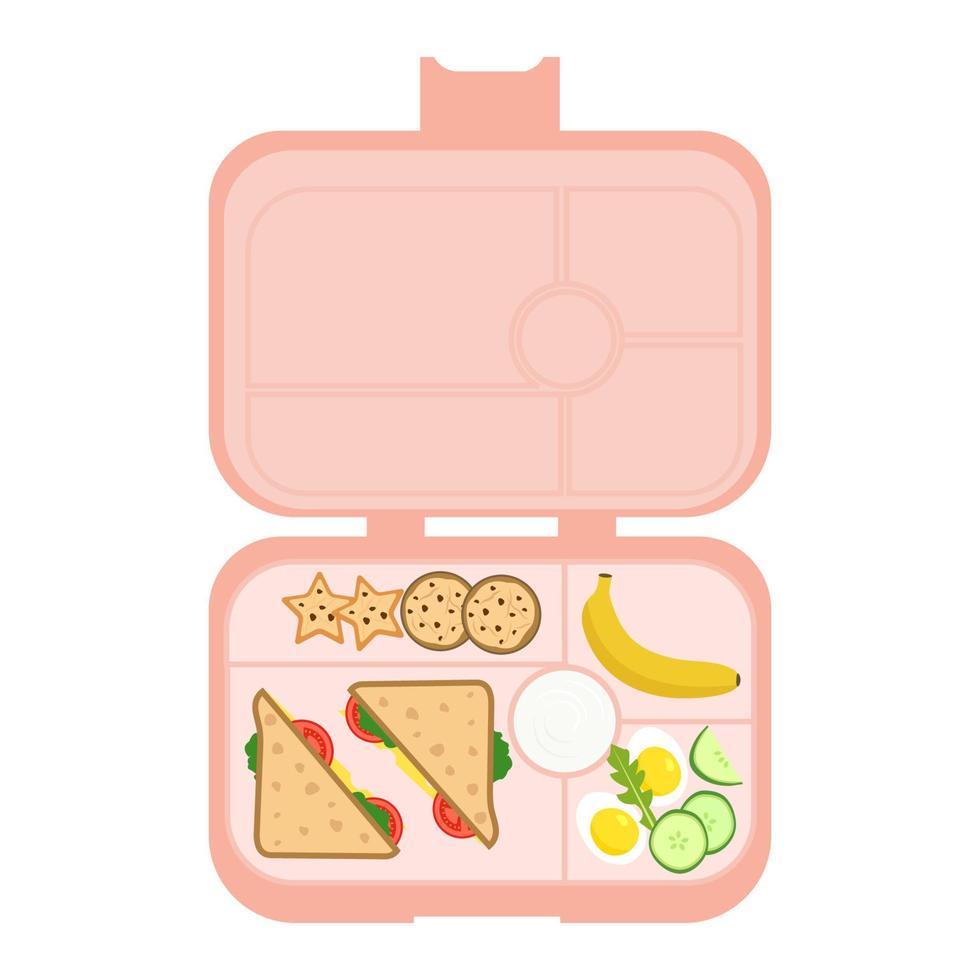 lunchbox - contenitore per pasti con sandwich, banana, salsa, pomodoro, uova, biscotti. pasto scolastico, pranzo per bambini. pasti sani storage.vector illustrazione in stile piatto, isolato su sfondo bianco vettore