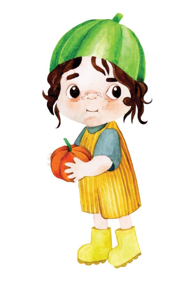 disegno ad acquerello sul tema dell'autunno, del ringraziamento, di halloween. simpatico personaggio bambino con zucca. illustrazione del bambino vettore