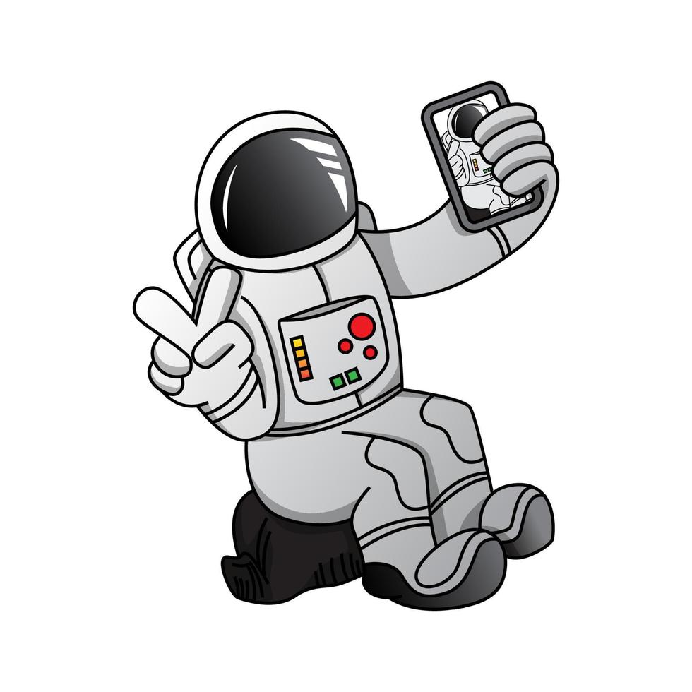 fumetto della mascotte dell'astronauta che fa selfie con il handphone vettore