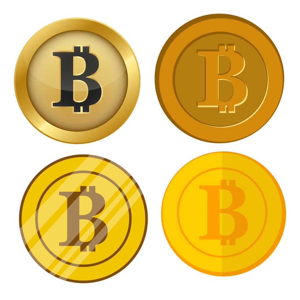 quattro monete d'oro in stile diverso con set vettoriale di simboli di valuta bitcoin