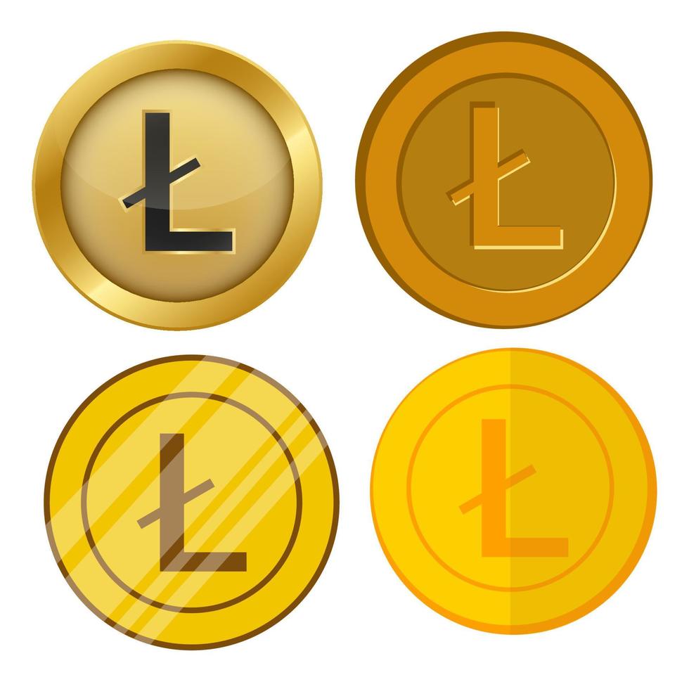 quattro monete d'oro in stile diverso con set vettoriale di simboli di valuta litecoin