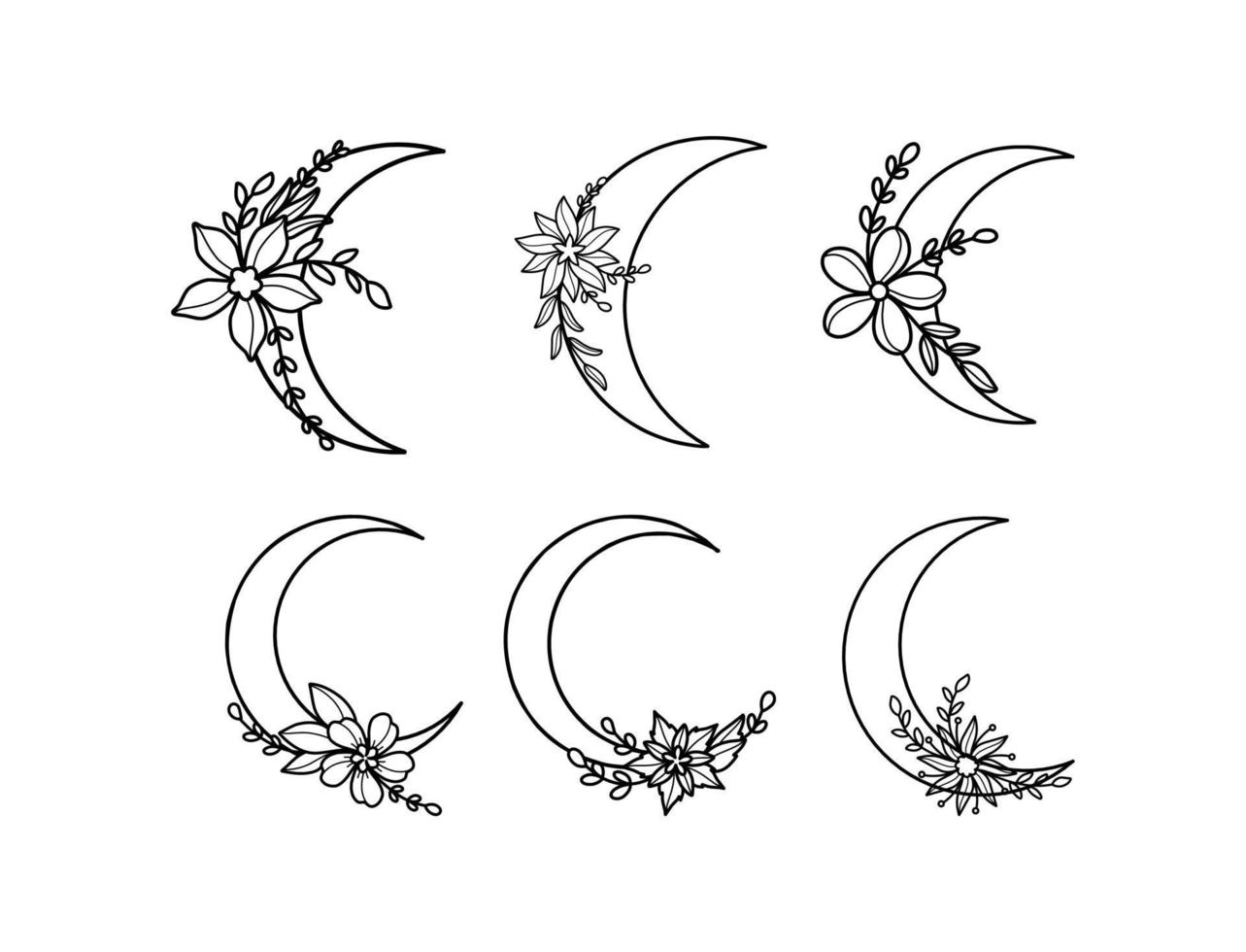 illustrazioni luna disegnata a mano con collezione di fiori vettore