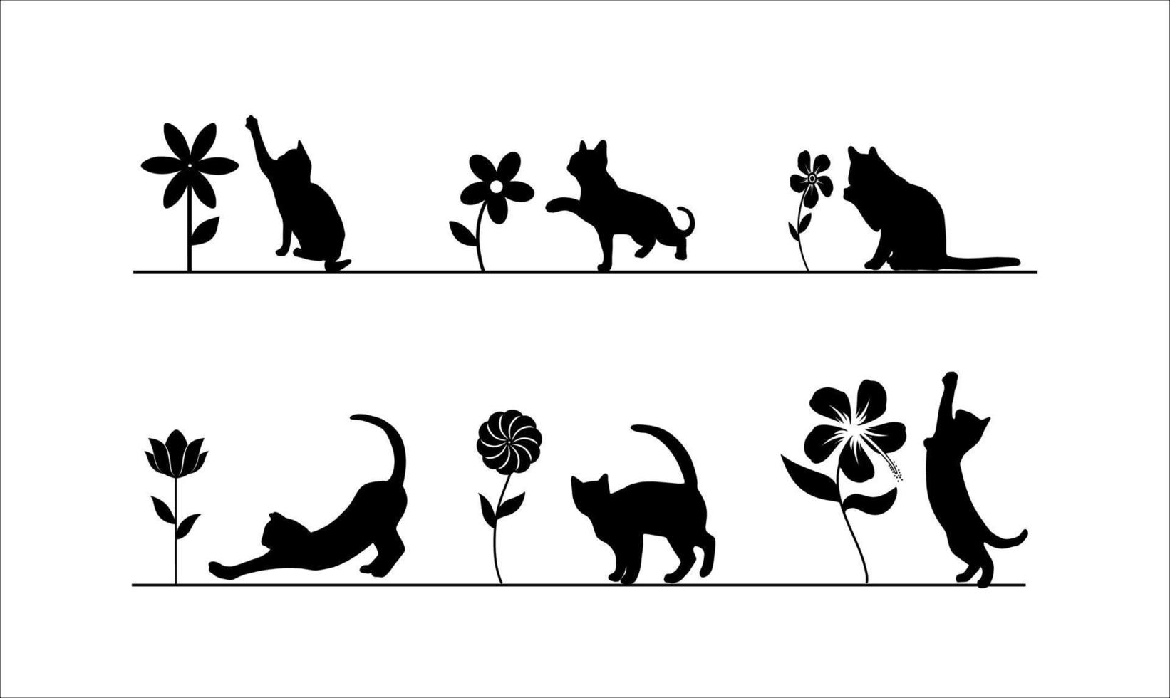 raccolta di gatto con fiore in silhouette isolato su sfondo bianco vettore