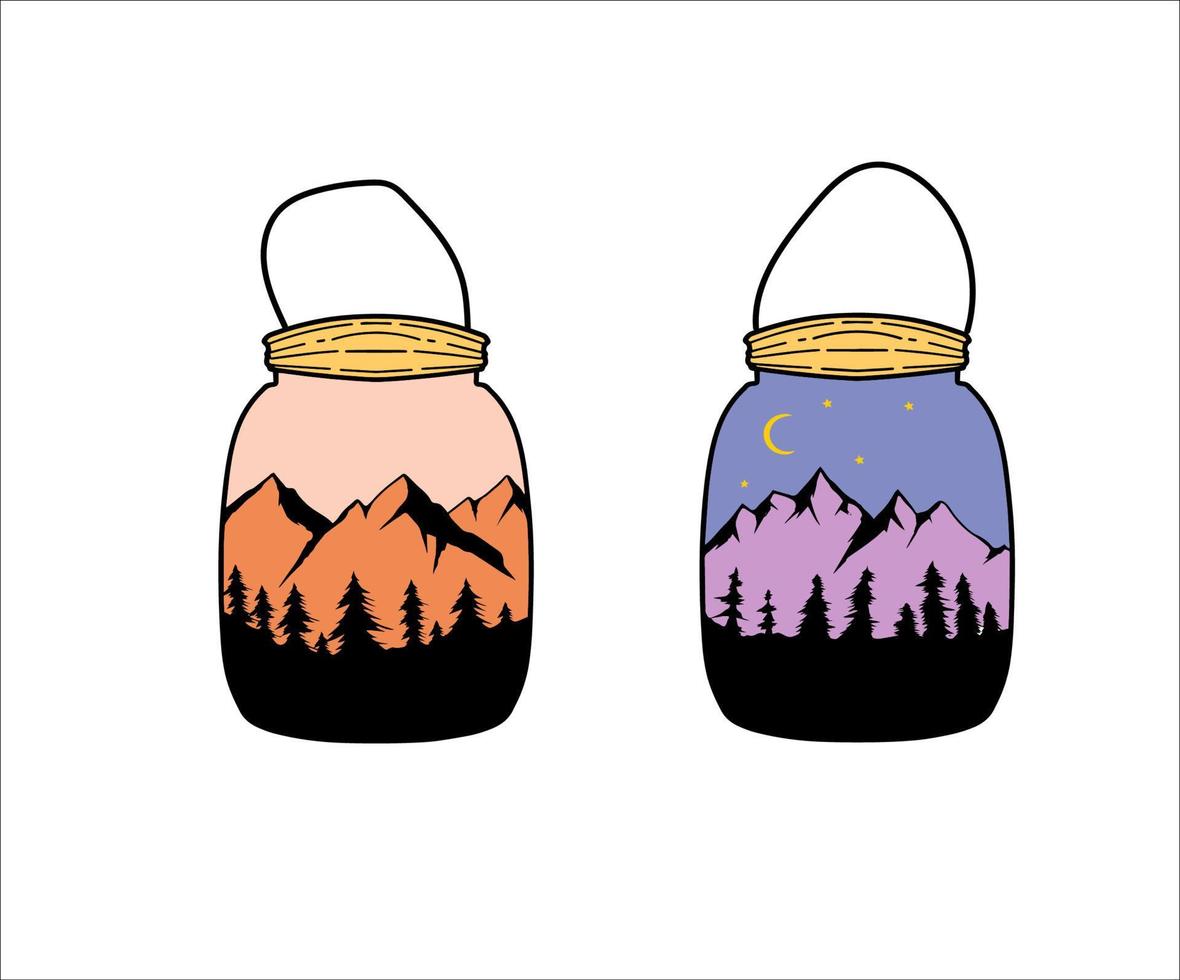 due oggetti di montagna nelle illustrazioni di barattoli di vetro vettore