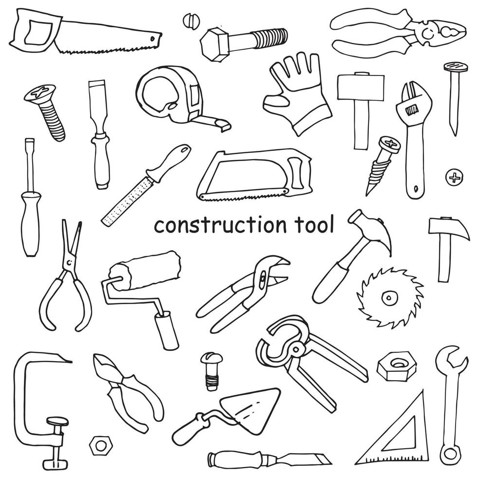 disegno vettoriale in stile doodle. set di strumenti di costruzione, per la riparazione e la costruzione. semplici illustrazioni al tratto