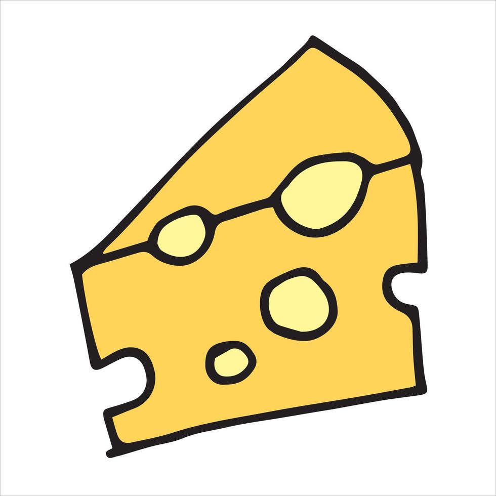 illustrazione vettoriale in stile doodle, cartone animato. formaggio. icona a triangolo carino, un pezzo di formaggio con buchi gialli. clipart latticini, cibo sano