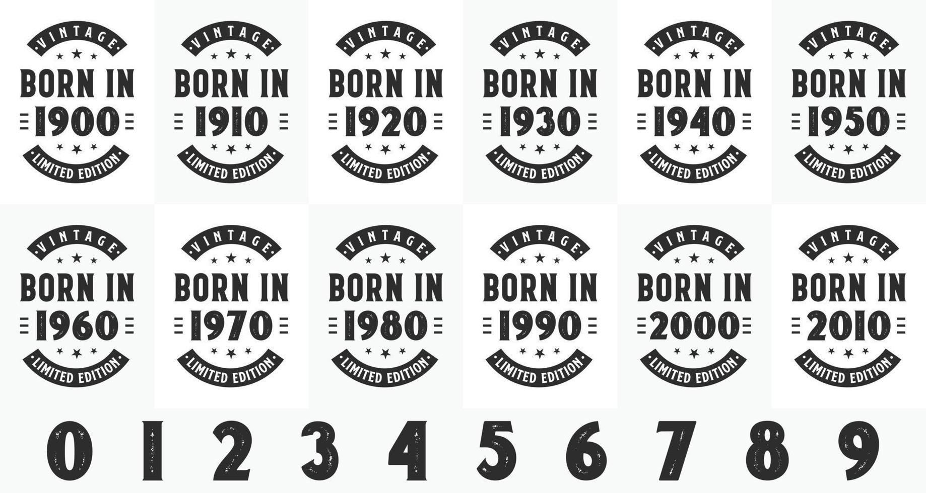 pacchetto di design di compleanno vintage retrò. nati nel 1900, 1910, 1920, 1930, 1940, 1950, 1960, 1970, 1980, 1990, 2000, 2010 tshirt bundle vettore