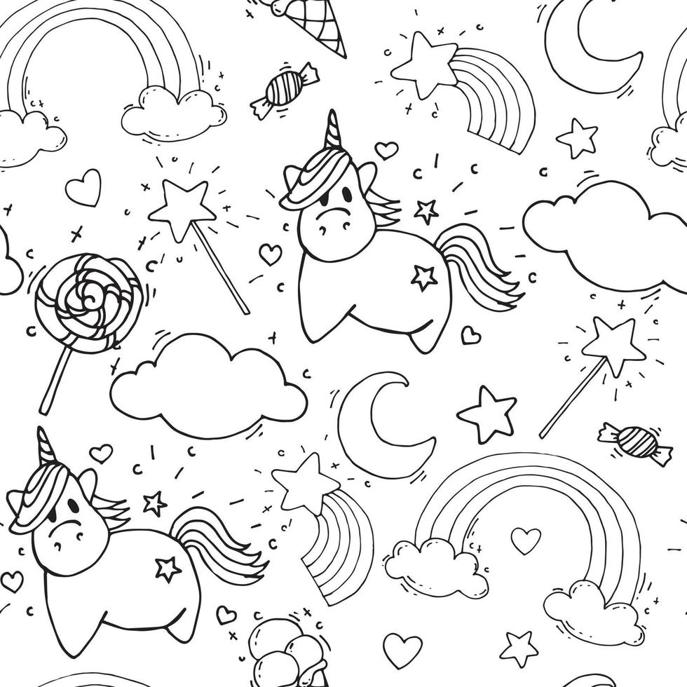 Reticolo senza giunte con gli unicorni. unicorni magici, arcobaleno, lecca-lecca, nuvole, disegni al tratto isolati su sfondo bianco. nello stile di doodle, piatto, cartone animato. libro da colorare, in bianco e nero vettore