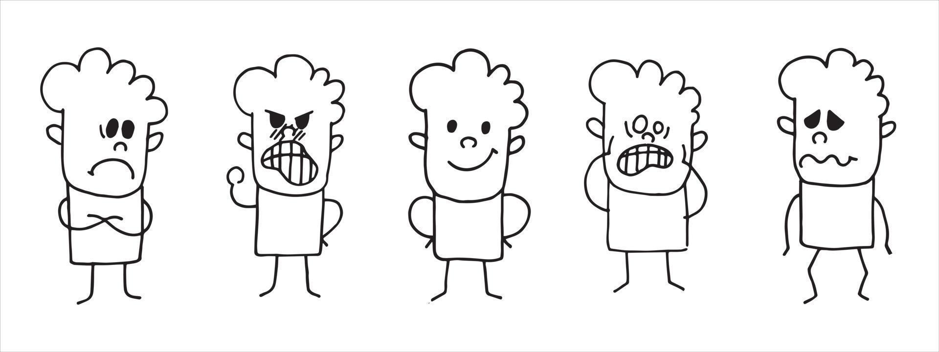 illustrazione vettoriale in stile doodle. insieme di semplici personaggi lineari, persone con diverse emozioni, stati d'animo. paura, rabbia, gioia, disgusto, tristezza, orrore. isolato su sfondo bianco.