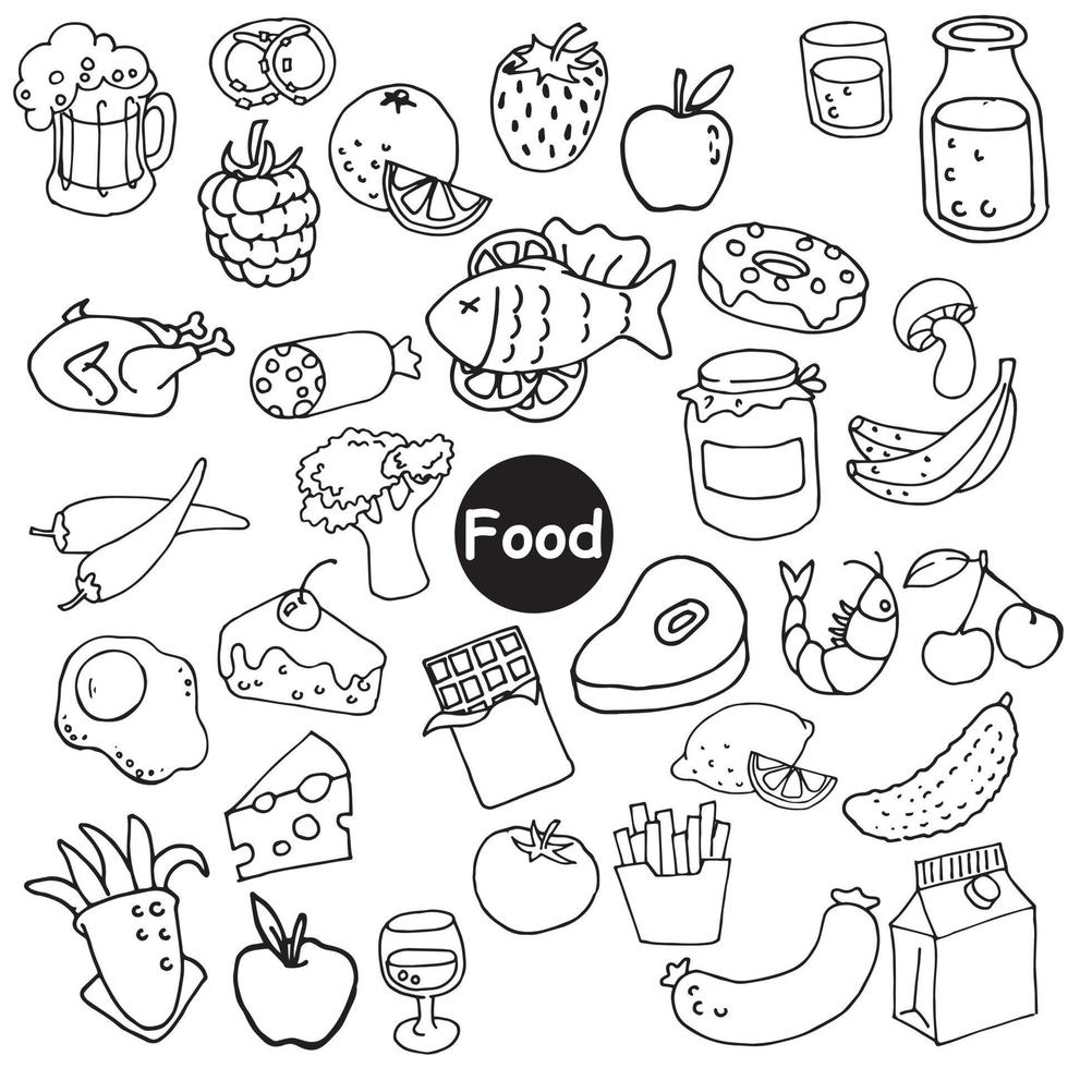 illustrazione di vettore del fumetto di scarabocchio. set di prodotti alimentari. cibo carino, fast food, bevande icone isolate su sfondo bianco. clipart di carne, pesce, latticini, dolci, verdure e frutta