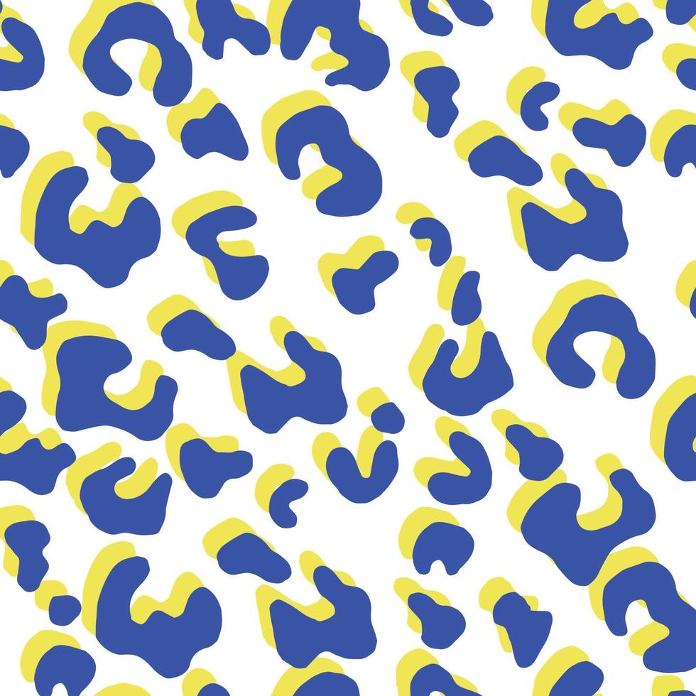 modello senza cuciture. sfondo luminoso in stile pop art. leopardo animalier blu e giallo. stampa di moda per tessuto, involucro, tessuto, carta da parati vettore