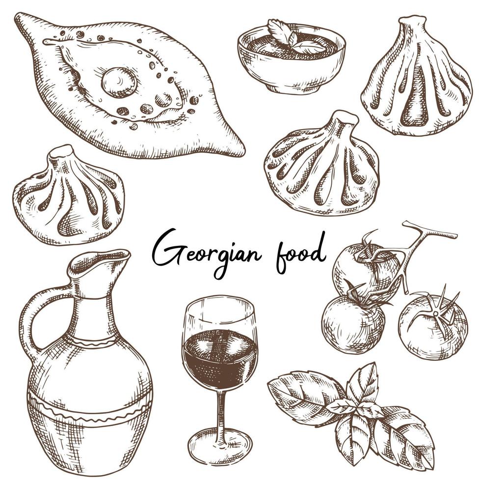 disegno vettoriale, set di piatti della cucina georgiana. cibo georgiano, khachapuri, khinkali, vino e salsa. schizzo illustrazione, grafica, incisione. vettore