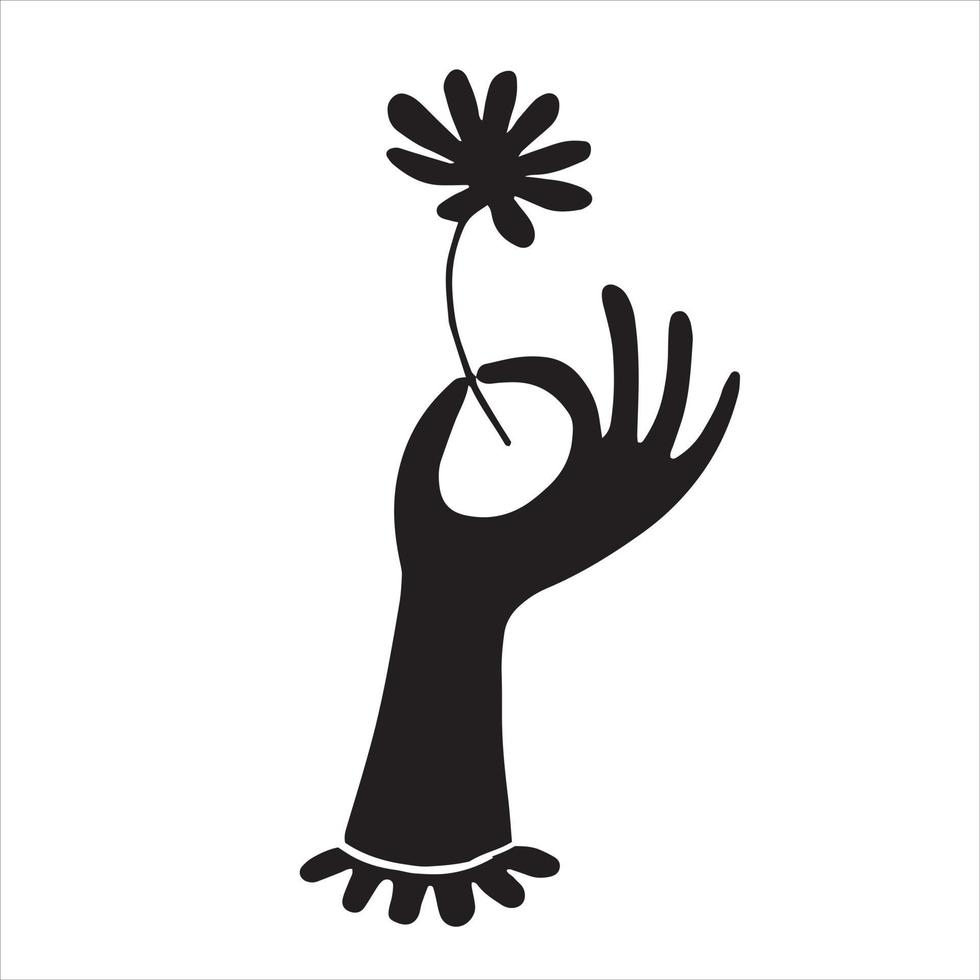 disegno vettoriale in stile vintage. mano femminile con un fiore. un simbolo di misticismo, magia, esoterismo. doodle in bianco e nero, contorno, silhouette.