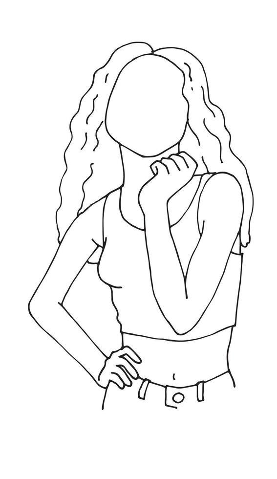 disegno a linee vettoriali. sagoma di una giovane donna con i capelli ricci in abiti estivi. vettore