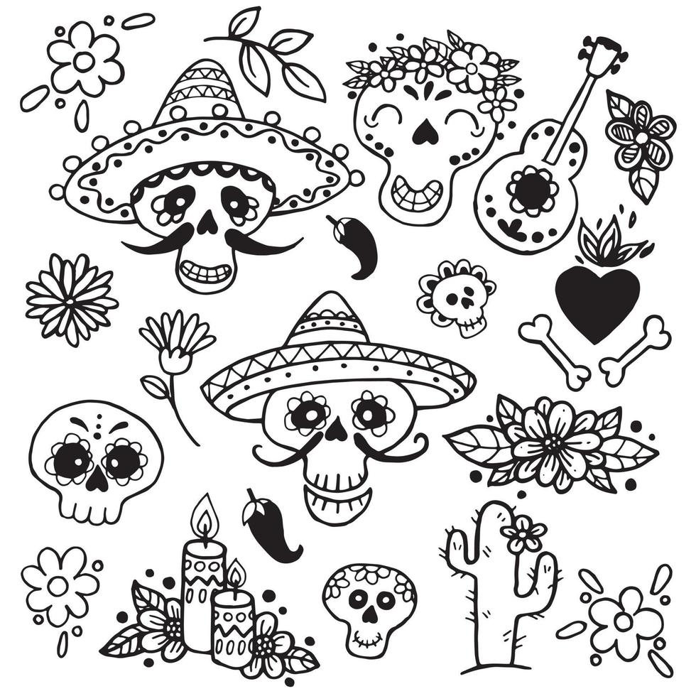 disegno vettoriale in stile doodle. set di disegni divertenti giorno dei morti in messico. allegri teschi dipinti in un sombrero. il dia de muertos
