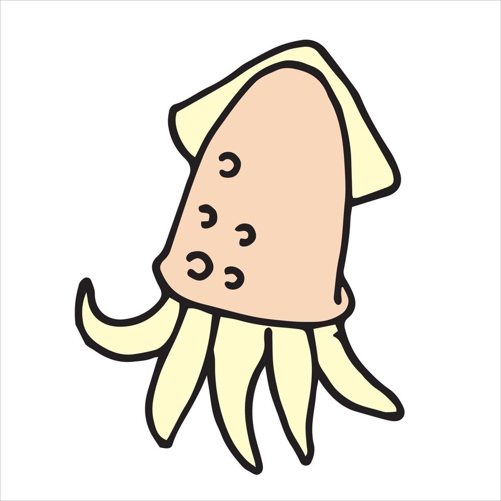 illustrazione vettoriale in stile doodle, cartone animato. ClipArt di disegno di calamari carino. calamari lessati. frutti di mare, dieta priva di carne