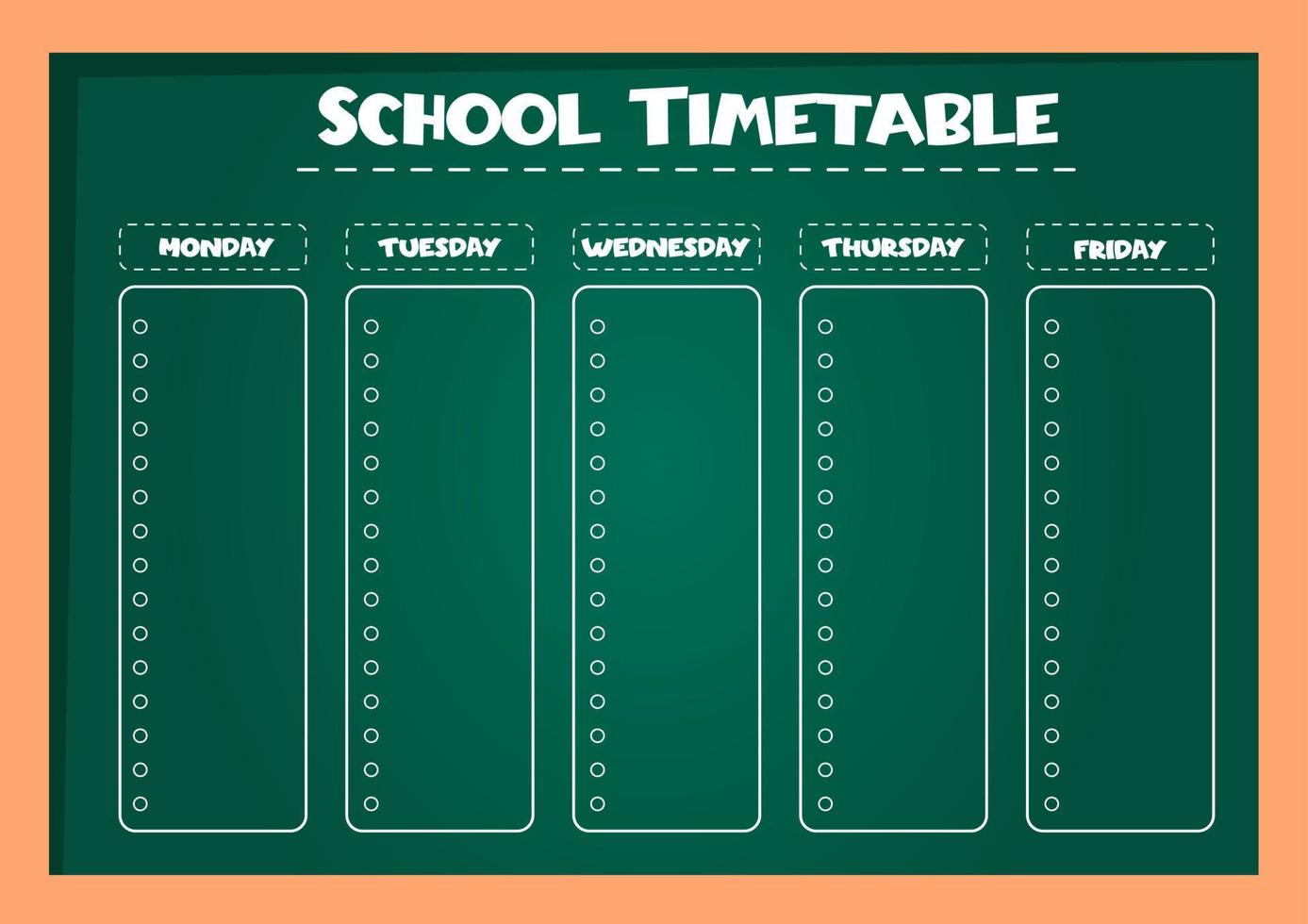 orario scolastico per bambini con giorni della settimana sulla lavagna. pianificatore settimanale. modello di progettazione del programma. vettore