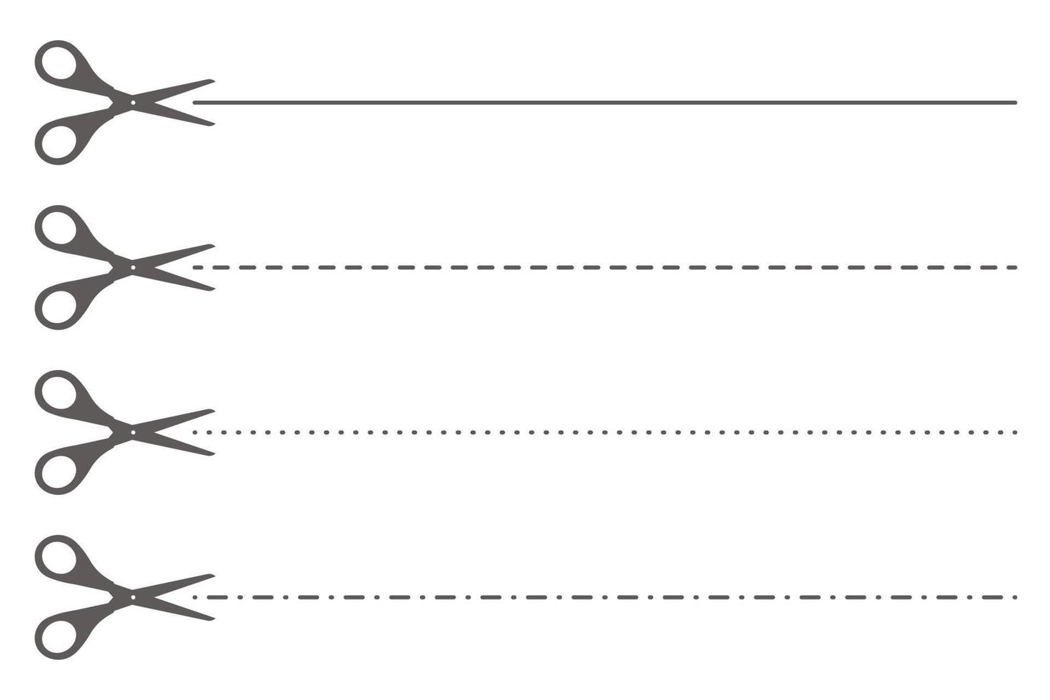 illustrazione del taglio della carta con linea tratteggiata. forbici con linee di confine. simboli del trattino di vettore