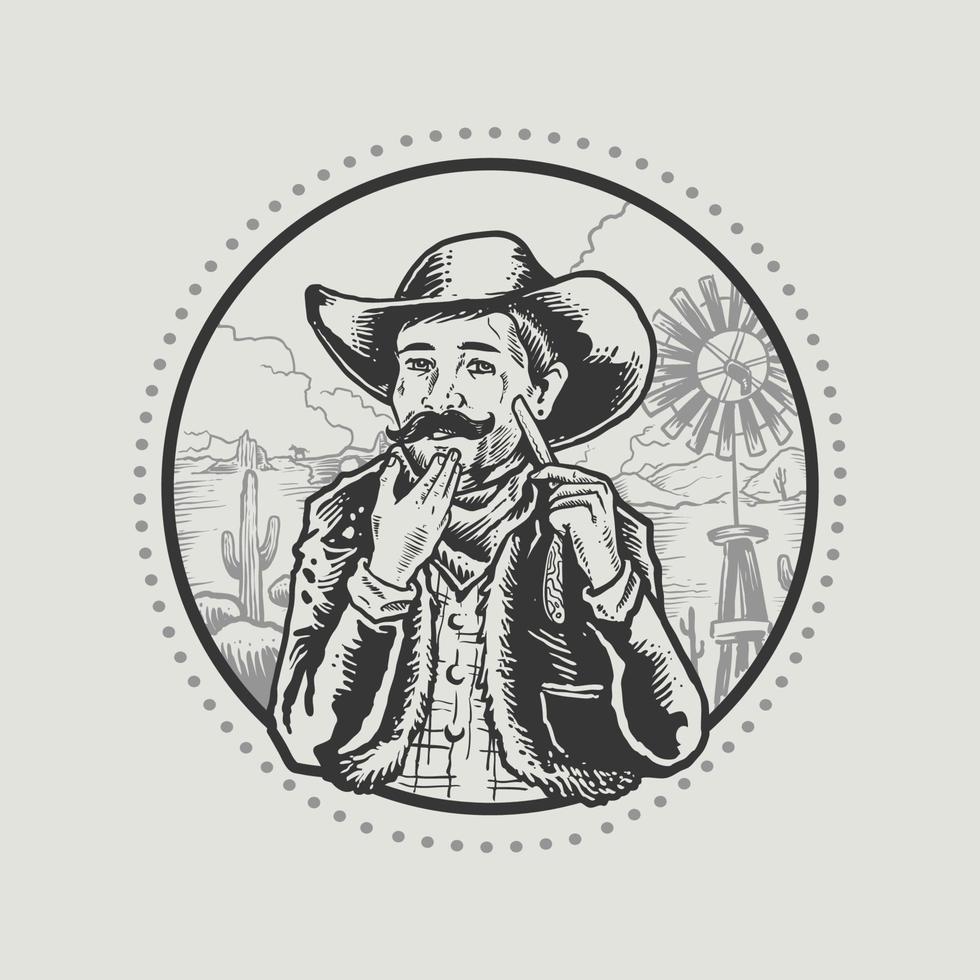 l'illustrazione d'annata disegnata a mano di rasatura del cowboy vettore