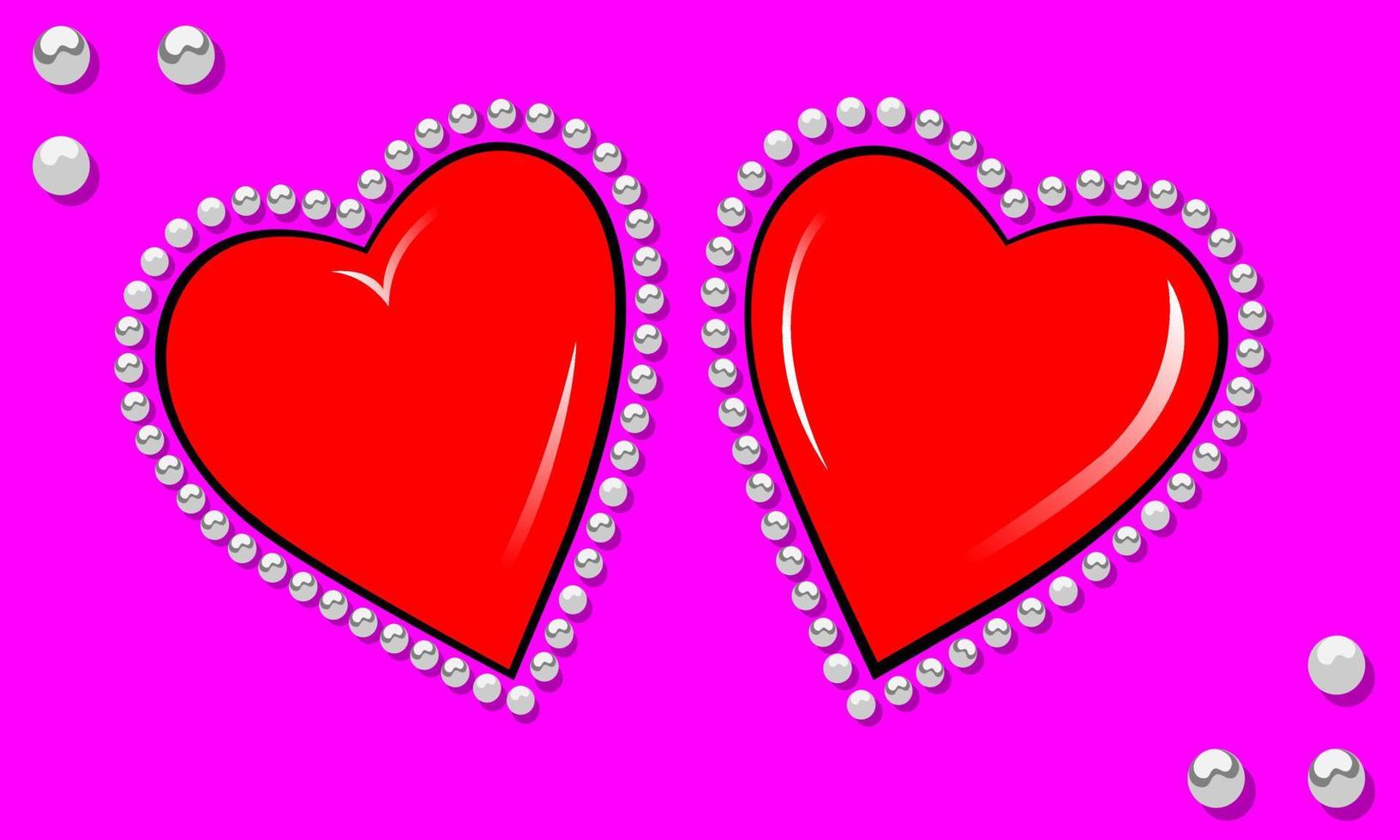 due cuori rossi sono splendidamente circondati da perle. le carte di San Valentino mostrano l'amore su sfondo viola. vettore