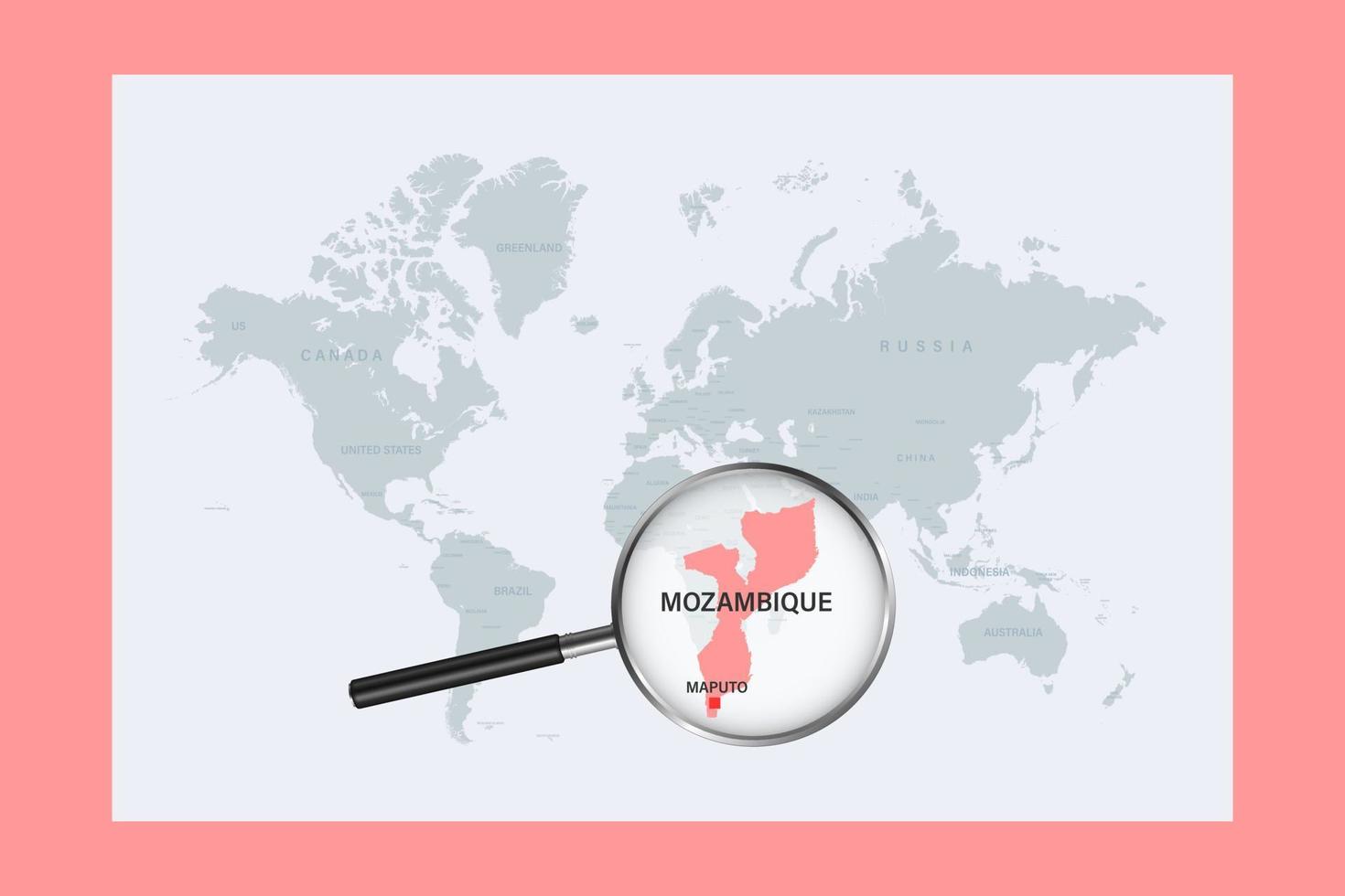 mappa del mozambico sulla mappa del mondo politico con lente d'ingrandimento vettore