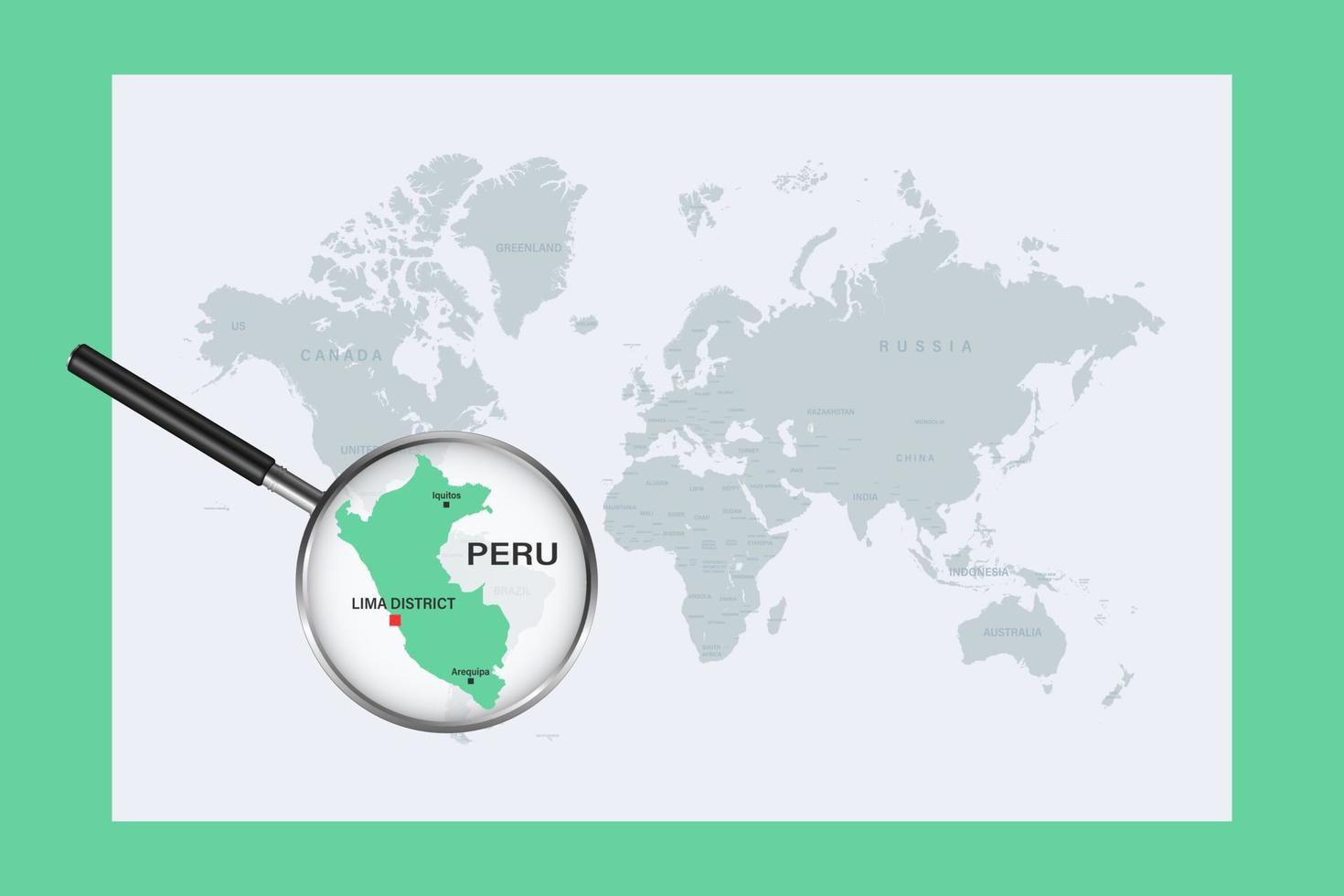 mappa del perù sulla mappa del mondo politico con lente d'ingrandimento vettore