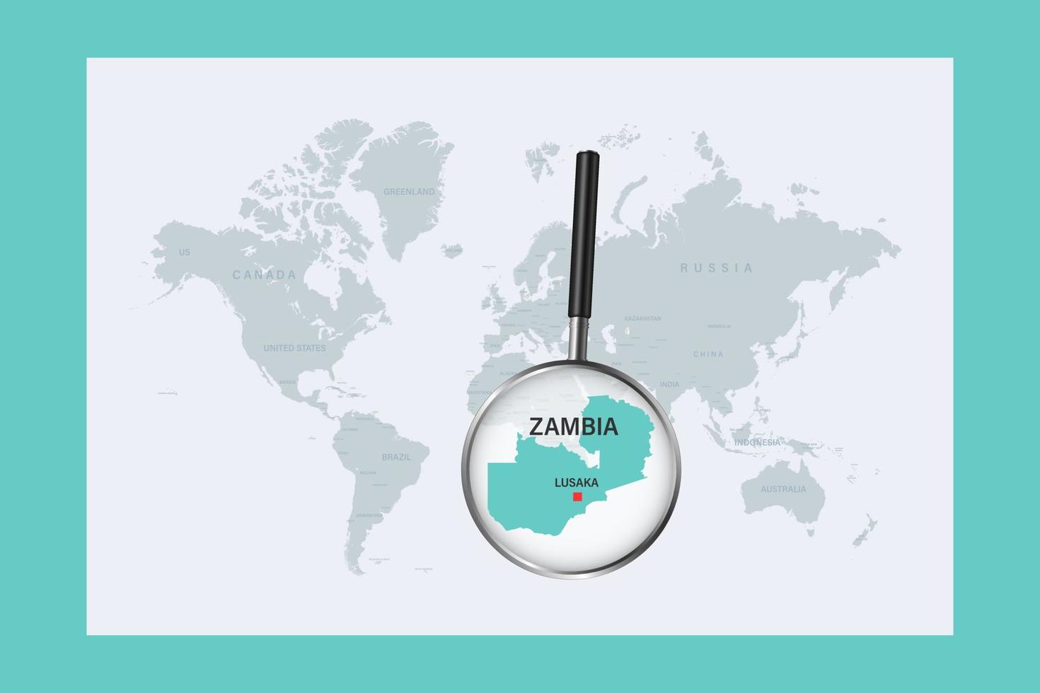 mappa dello zambia sulla mappa del mondo politico con lente d'ingrandimento vettore