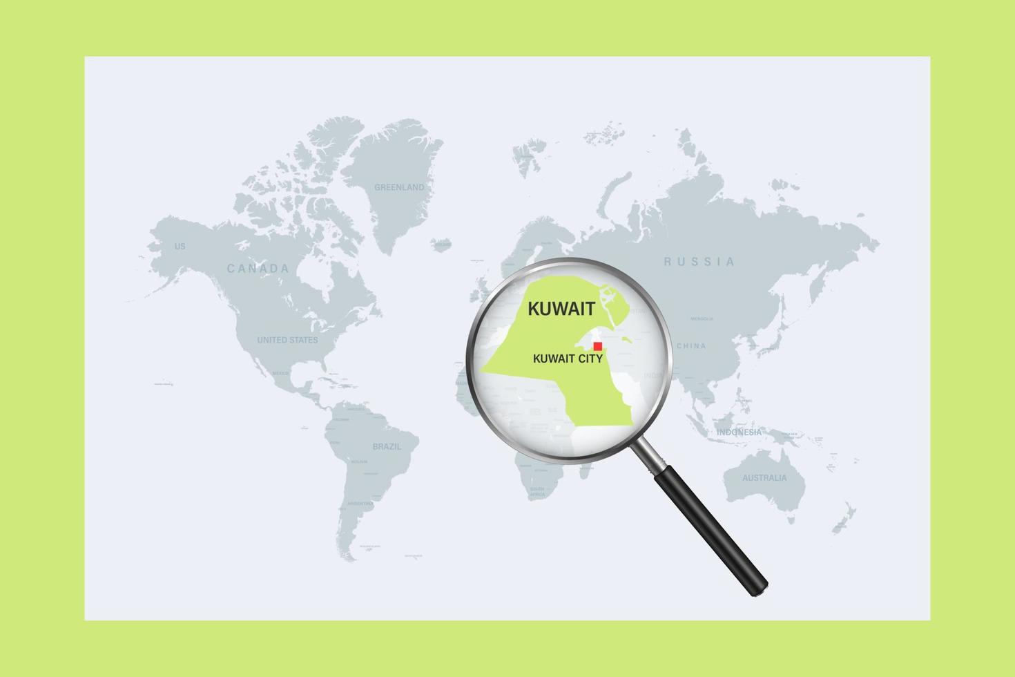 mappa del kuwait sulla mappa del mondo politico con lente d'ingrandimento vettore