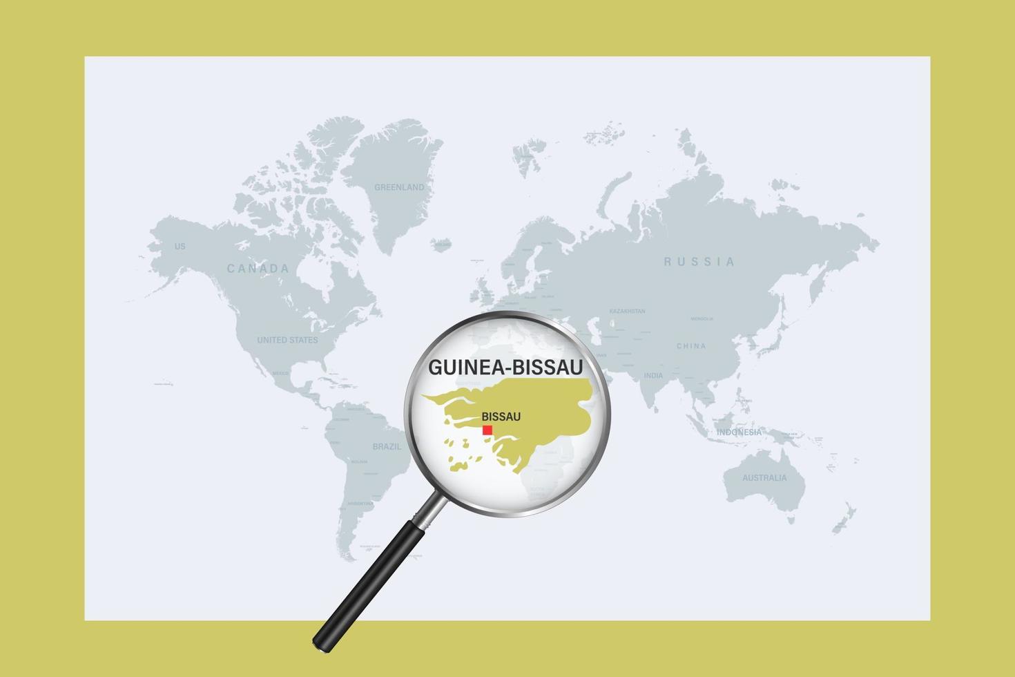 mappa della guinea-bissau sulla mappa del mondo politico con lente d'ingrandimento vettore