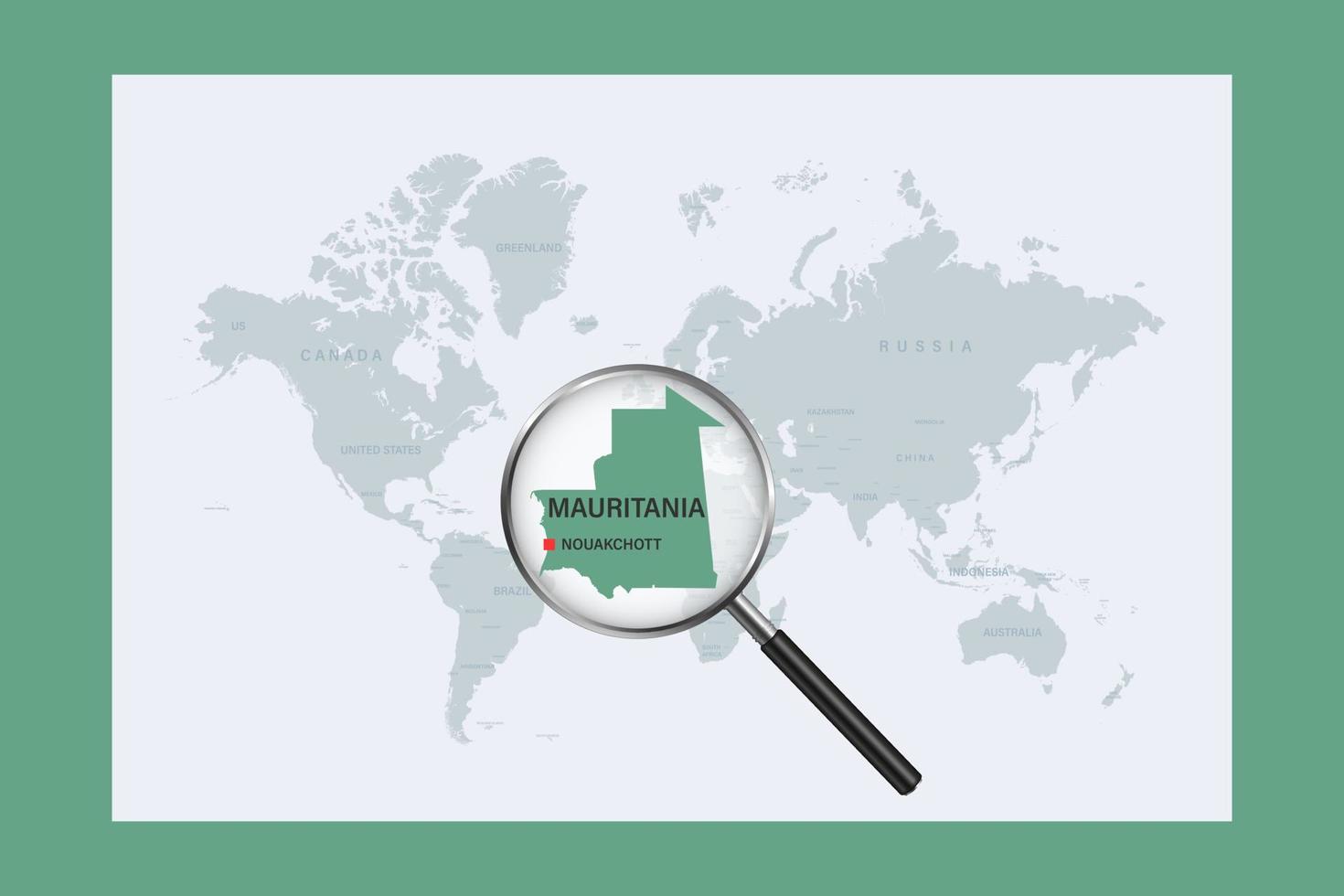 mappa della mauritania sulla mappa del mondo politico con lente d'ingrandimento vettore