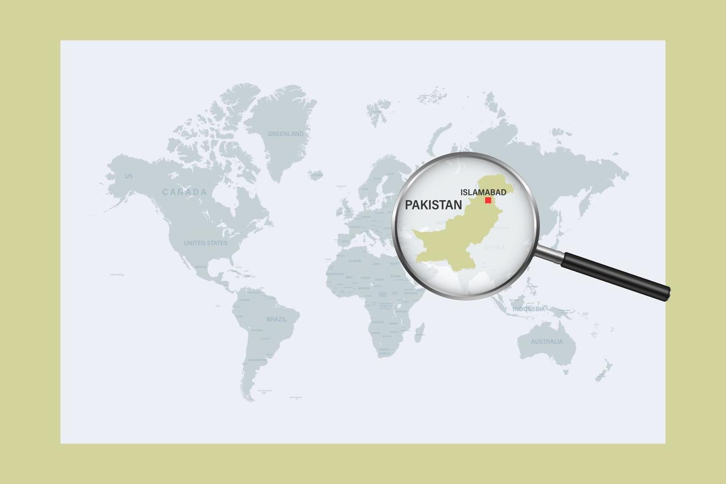 mappa del pakistan sulla mappa del mondo politico con lente d'ingrandimento vettore