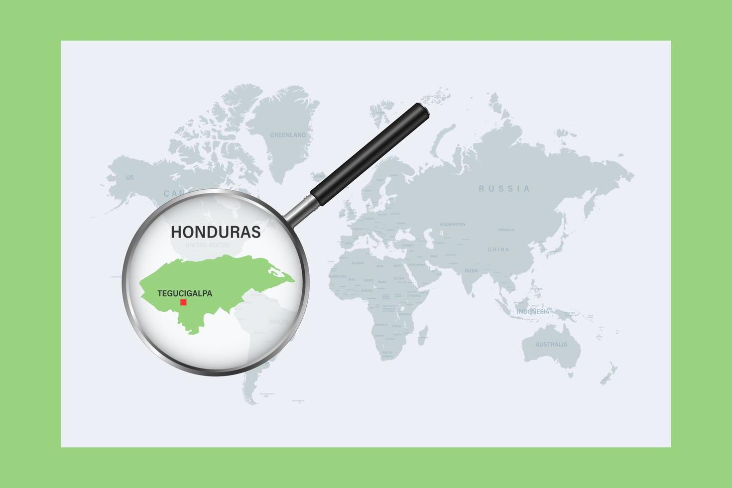 mappa dell'honduras sulla mappa del mondo politico con lente d'ingrandimento vettore