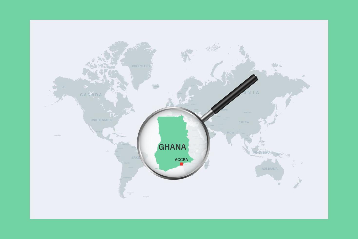 mappa della mappa del mondo politico del ghana con lente d'ingrandimento vettore