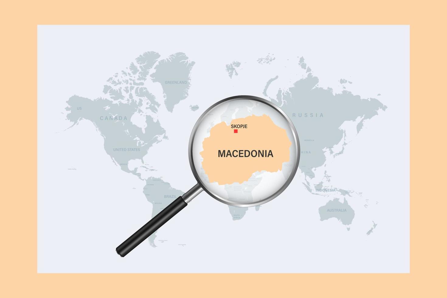 mappa della macedonia sulla mappa del mondo politico con lente d'ingrandimento vettore