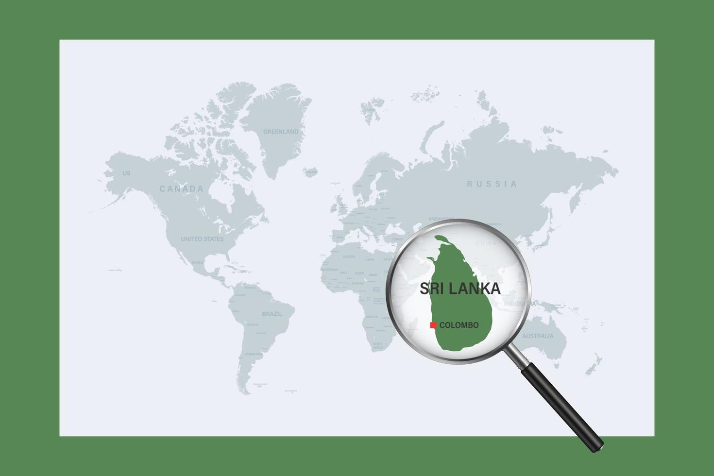 mappa dello sri lanka sulla mappa del mondo politico con lente d'ingrandimento vettore