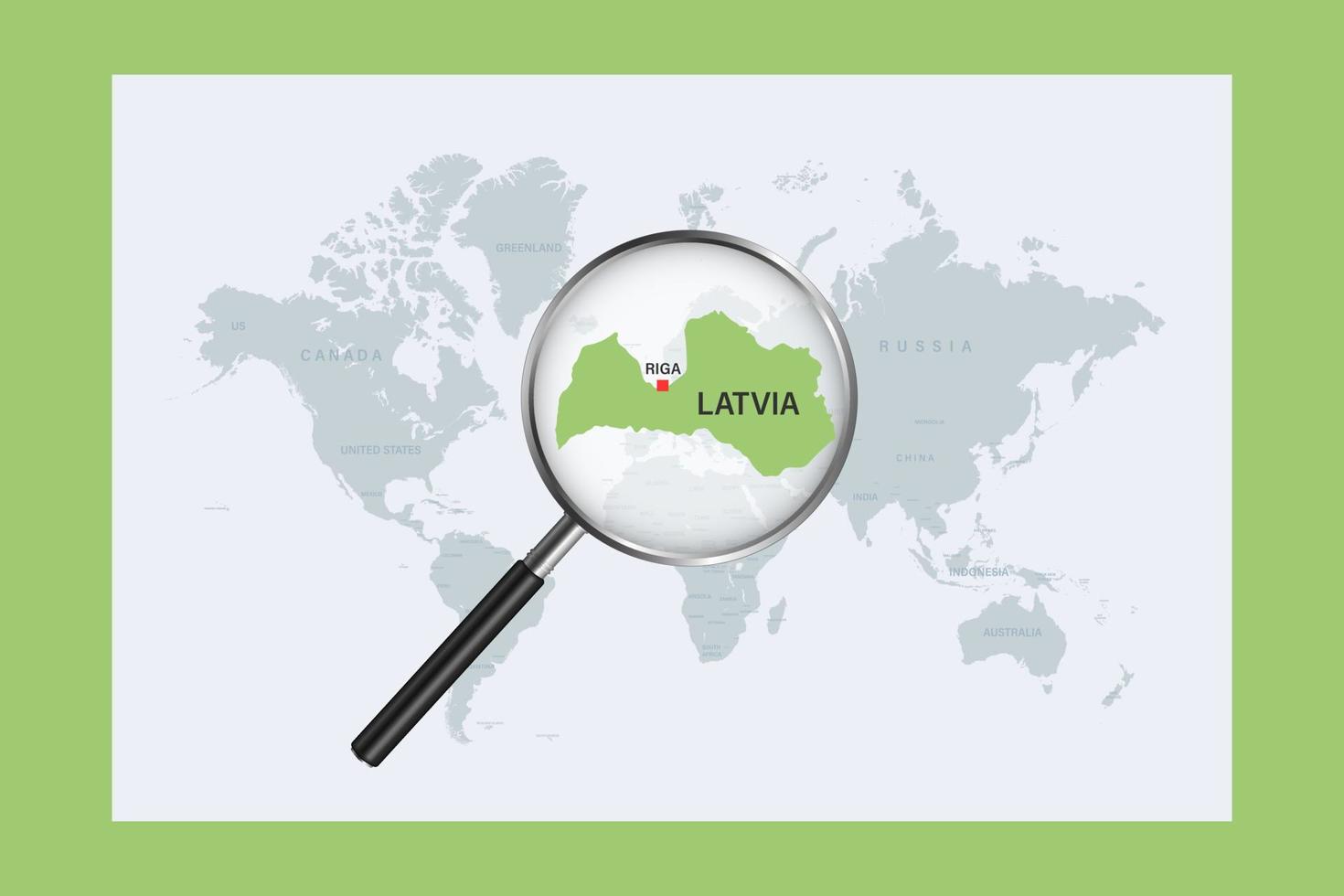 mappa della lettonia sulla mappa del mondo politico con lente d'ingrandimento vettore