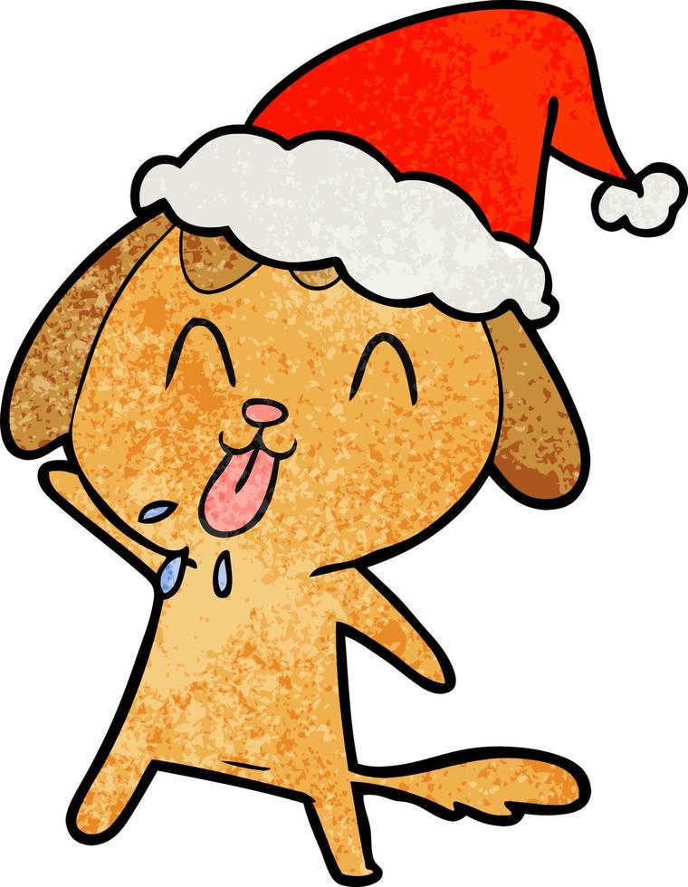 simpatico cartone animato strutturato di un cane che indossa il cappello di Babbo Natale vettore