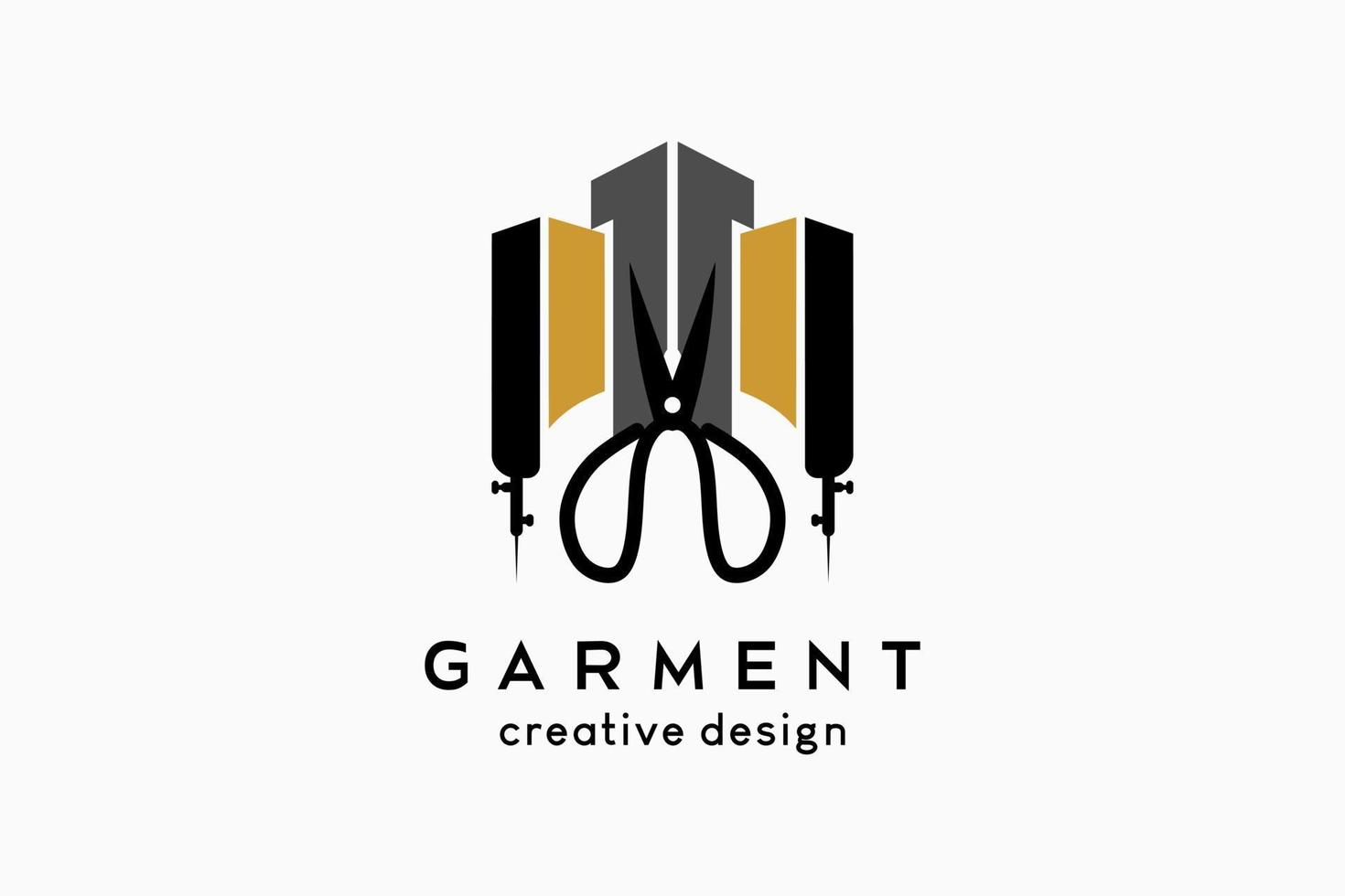 design del logo dell'indumento, silhouette a forbice combinata con l'icona dell'edificio in un concetto creativo vettore