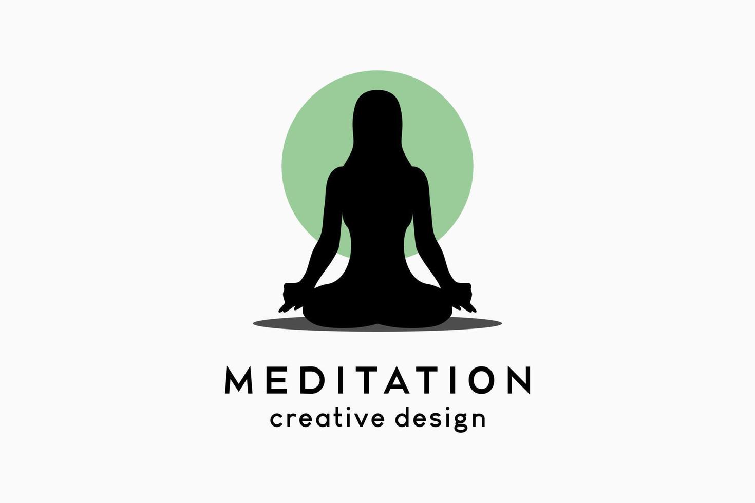 design del logo di meditazione, silhouette di donna che medita su sfondo a punti vettore