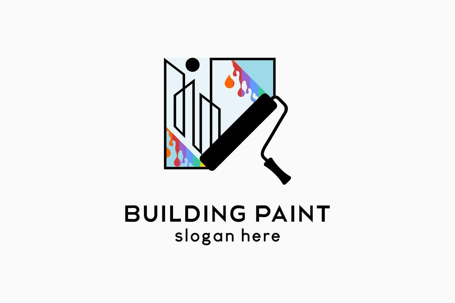 disegno del logo della pittura murale o della pittura per edifici, sagome ed edifici del pennello a rullo combinati con i colori dell'arcobaleno in una scatola vettore