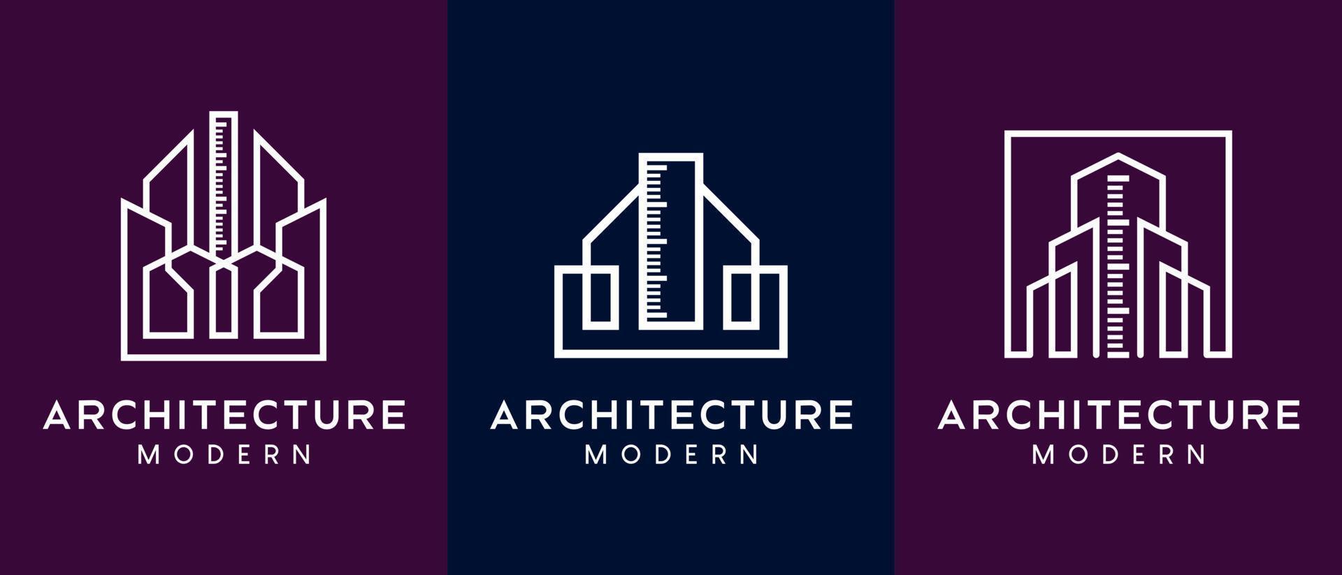 design del logo dell'architetto, designer di edifici o case con un concetto minimalista, un edificio combinato con l'icona di un righello. vettore