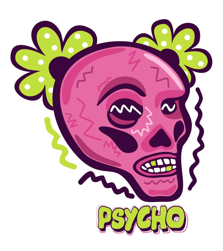 psicopatico. illustrazione vettoriale isolata del cranio femminile rosa con decorazioni e scritte verde brillante.